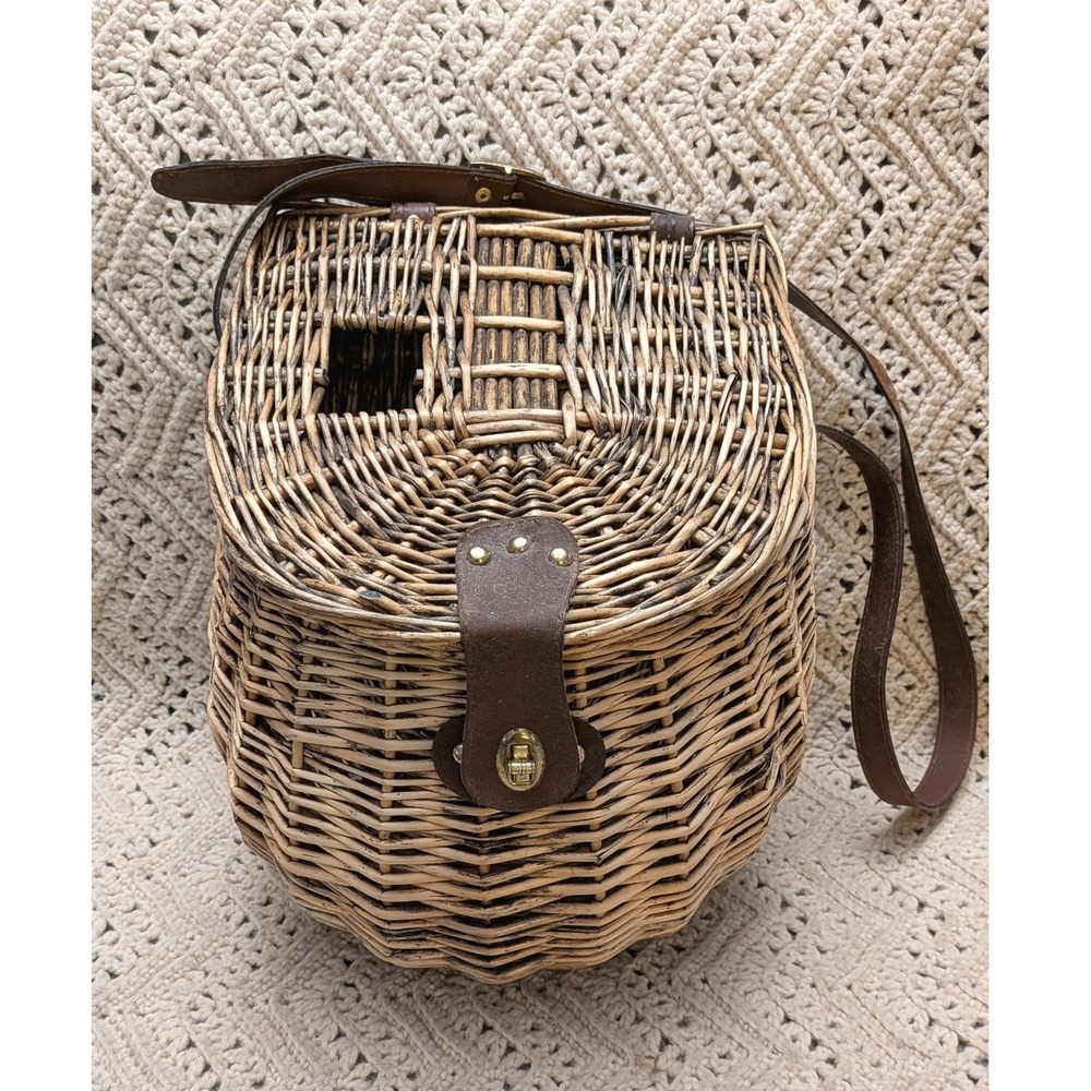 Vintage Wicker Fishing Creel Basket Crossbody Bag Leather Strap Brown Woven
